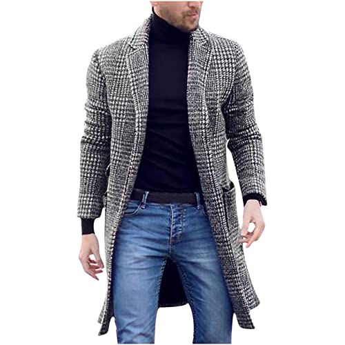 yiouyisheng Herren Mantel Wintermantel Wollmantel Winter Lang Wolle Trenchcoat Herrenmantel Revers Zweireiher Wolljacke Mittellanger Mantel Klassisch Kariert Coat von yiouyisheng