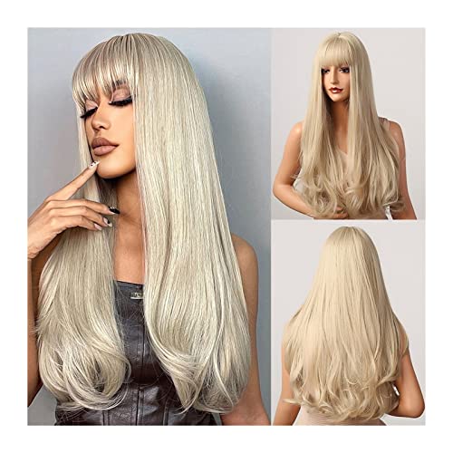 Perücke Lange natürliche gewellte Perücken for Frauen, 24 Zoll platinblonde Perücke mit Pony Synthetische hitzebeständige Perücke for tägliches Party-Cosplay Frauen Perücken von yixinzi-2024