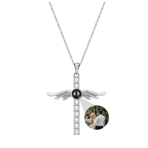 Benutzerdefinierte Foto-Halskette, personalisierte Engelsflügel Kreuz Projektion Halskette, benutzerdefinierte 925 Sterling Silber Kreuz Anhänger mit Bild innen Ich liebe dich 100 Sprachen Halskette von yrozvw