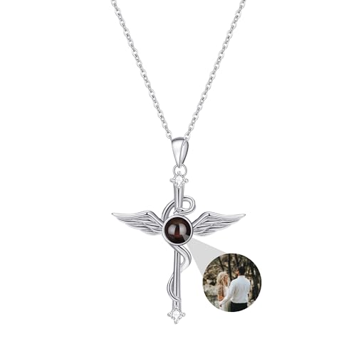 Benutzerdefinierte Foto-Halskette, personalisierte Engelsflügel Kreuz Projektion Halskette, benutzerdefinierte 925 Sterling Silber Kreuz Anhänger mit Bild innen Ich liebe dich 100 Sprachen Halskette von yrozvw