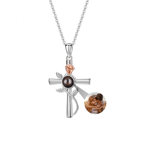 Benutzerdefinierte Foto-Halskette, personalisierte Herz Rose Kreuz Projektion Halskette, 925 Sterling Silber Sonnenblume Kreuz Anhänger Ich liebe dich 100 Sprachen Halskette Geschenk für Muttertag von yrozvw