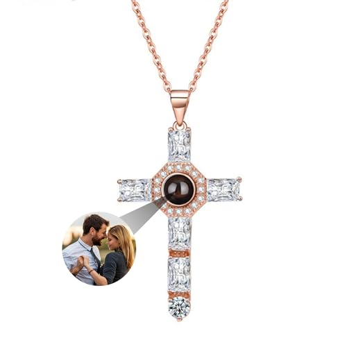 Benutzerdefinierte Foto-Halskette, personalisierte Herz Rose Kreuz Projektion Halskette, 925 Sterling Silber Sonnenblume Kreuz Anhänger Ich liebe dich 100 Sprachen Halskette Geschenk für Muttertag von yrozvw