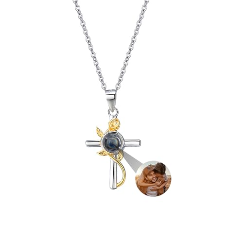 Benutzerdefinierte Foto-Halskette, personalisierte Herz Rose Kreuz Projektion Halskette, 925 Sterling Silber Sonnenblume Kreuz Anhänger Ich liebe dich 100 Sprachen Halskette Geschenk für Muttertag von yrozvw