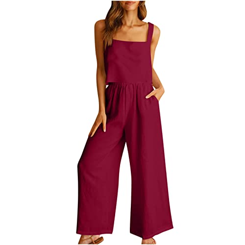 Damen 2 StüCk Outfits Eleganz Mode Baumwolle Leinen Anzug Sets äRmellos Cami Vest Top Und Wide Leg Hose 2 Pc Soft Bequem Casual Sets Monochrom Sexy Tank Top + Lose Hose Sets Beach Lounge Wear Sets von yruphome