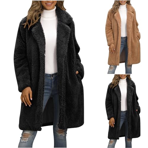 Damen Faux Mantel Dicke Warme Winterjacke Mittellange Fleecejacke ÜBermantel Winddicht PlüSch Lange Strickjacke Eleganter Revers ÜBergangsjacke LäSsiger Trenchcoat Flauschige Outdoor Jacke Taschen von yruphome