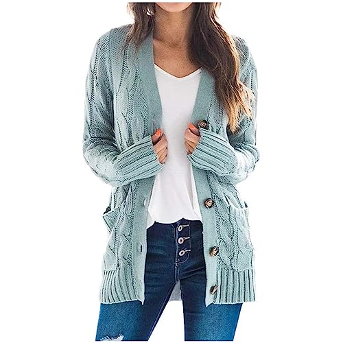 Damen Grobstrick Strickcardigan Langarm Drapiert Open Front Strickjacke Casual Lange Cardigan Mit Taschen Elegant Strick Outwear V-Ausschnitt Bequem Locker Strickpullover Mit KnöPfen Cardigan von yruphome