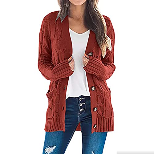 Damen Grobstrick Strickcardigan Langarm Drapiert Open Front Strickjacke Casual Lange Cardigan Mit Taschen Elegant Strick Outwear V-Ausschnitt Bequem Locker Strickpullover Mit KnöPfen Cardigan von yruphome