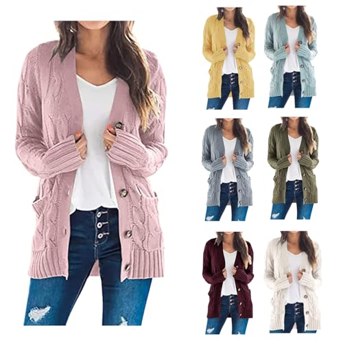 Damen Grobstrick Strickcardigan Langarm Drapiert Open Front Strickjacke Casual Lange Cardigan Mit Taschen Elegant Strick Outwear V-Ausschnitt Bequem Locker Strickpullover Mit KnöPfen Cardigan von yruphome