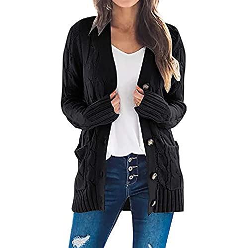 Damen Grobstrick Strickcardigan Langarm Drapiert Open Front Strickjacke Casual Lange Cardigan Mit Taschen Elegant Strick Outwear V-Ausschnitt Bequem Locker Strickpullover Mit KnöPfen Cardigan von yruphome