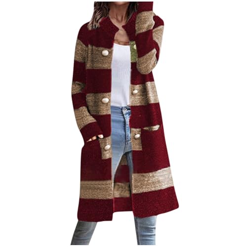 Damen Lange Strickjacke Warme Lose Taste Cardigan Pullover Elegant Stripe PlüSch Strickpullover Offenmantel Langarm Slouchy Winterjacke Colorblock Mode Knickpullover Offene Vorderjacke Strickmantel von yruphome