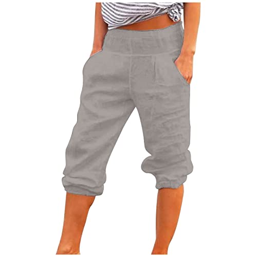 Damen Sommerhosen Aus Baumwolle Leinen Hosen Capri-Hosen Leichte 3/4 Hose Lose Elegante Stretch Hose Weitem Bein Hosen Geradem Bein LäSsige Einfarbig Jogginghose Elastischen Bundtaschen Freizeithosen von yruphome