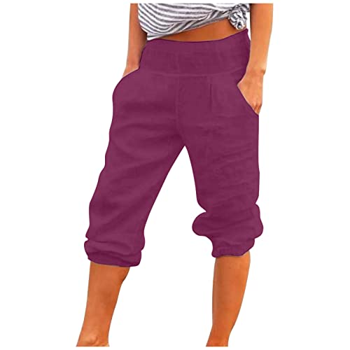 Damen Sommerhosen Aus Baumwolle Leinen Hosen Capri-Hosen Leichte 3/4 Hose Lose Elegante Stretch Hose Weitem Bein Hosen Geradem Bein LäSsige Einfarbig Jogginghose Elastischen Bundtaschen Freizeithosen von yruphome