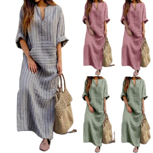 Damenkleider Sommer Casual Lange Kurze Ärmel Kleider Damen 2023 Trendy Baumwolle Leinen V-Ausschnitt Druck Kleider Locker Weich Atmungsaktiv Maxikleider Plus Size Mode Retro Strand Urlaub Kleider von yruphome