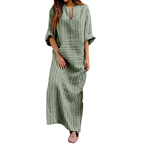 Damenkleider Sommer Casual Lange Kurze Ärmel Kleider Damen 2023 Trendy Baumwolle Leinen V-Ausschnitt Druck Kleider Locker Weich Atmungsaktiv Maxikleider Plus Size Mode Retro Strand Urlaub Kleider von yruphome