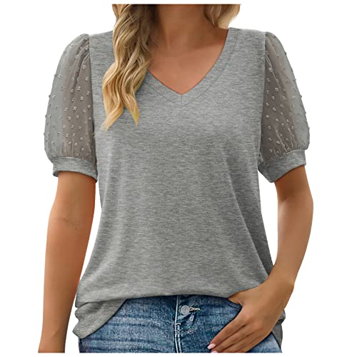 Frauen Punkt Puffärmel Tops Niedriger V-Ausschnitt Vintage Workout Sommer T-Shirts Damen Basics Mode Solide Lockere Passform Blusen Lässig Elegant Kurzarm Oberbekleidung Y2K Getäfeltes T-Shirt von yruphome