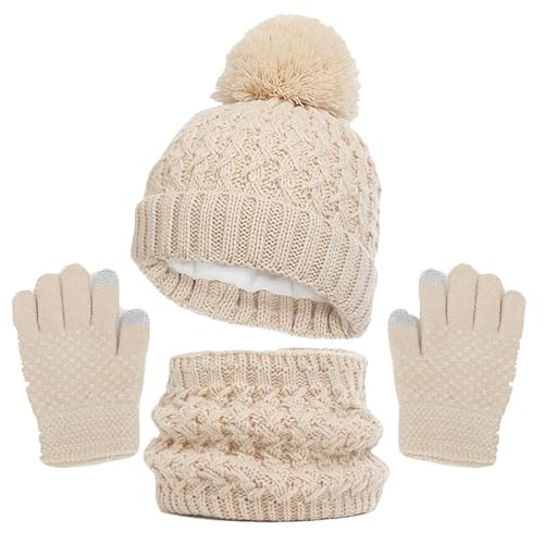 Kinder Wintermütze Schal Handschuhe Set Fleece Gefütterte Strickmütze Kindermütze Runder Schal Set Warme Winter Bommel Beanie Mütze Schlauchschal Handschuh Set für Kinder Jungen Mädchen 3-8 Jahre von yruphome