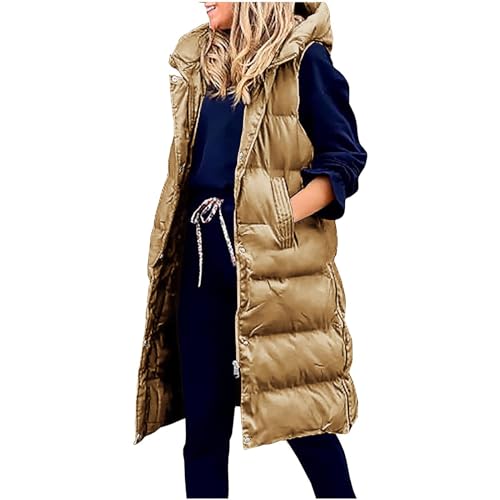 Lange Pufferweste Für Damen Winter Ärmellos Daunenparkas Warmer Taschen Kapuzenmantel Lange Jacke Daunenweste Mit Stehkragen Dicke Kapuze Ärmellos Ärmellose Daunenmäntel Verdickte Warme Windjacken von yruphome