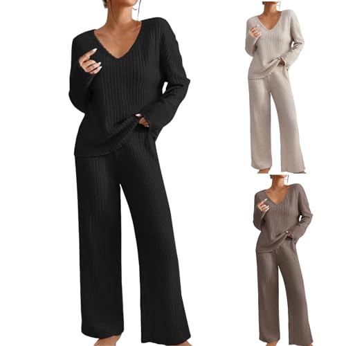 Strick Set Für Damen Rundhalsausschnitt Lange Strickpullover Tops Hosen Mit Weitem Bein Set Outfits Damen Mit V Ausschnitt Sweatsuit Trainingsanzug Strickpullover Pullover Hosen Mit Weitem Bein Sets von yruphome