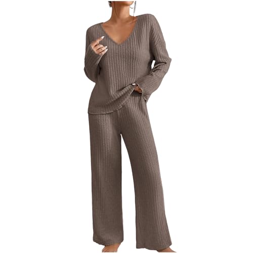 Strick Set Für Damen Rundhalsausschnitt Lange Strickpullover Tops Hosen Mit Weitem Bein Set Outfits Damen Mit V Ausschnitt Sweatsuit Trainingsanzug Strickpullover Pullover Hosen Mit Weitem Bein Sets von yruphome