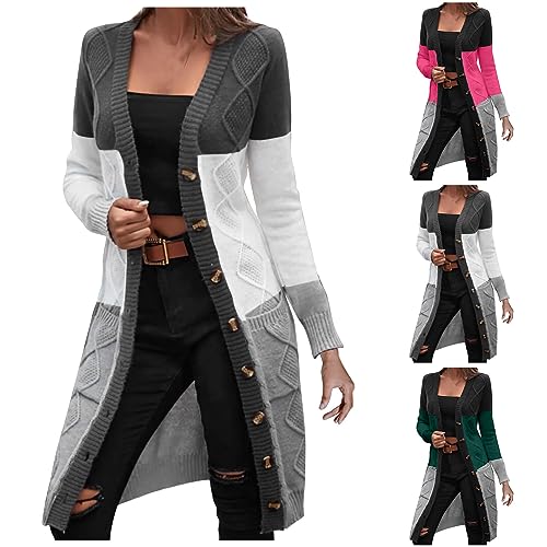 Strickjacke Damen Elegant Langarm Grobstrick Cardigan Plaid Farbblock Lang Strickmantel Open Front Strickpullover Outwear Herbst Winter Grobstrickjacke Casual Strickcardigan Pullover Mit Taschen von yruphome