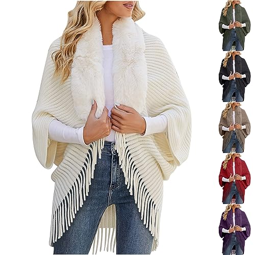 Strickjacke Damen Winter Pulli Poncho Outwear Strickcardigann Mit Kunstfell Kragen Mode Elegant Cape Cardigan Winter Kunstpelz Stolen Revers Kragen Kaschmir FüHlen Wickelschal Umhang StrickmäNtel von yruphome