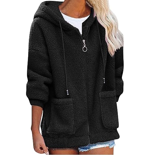 ÜBergangsjacke Damen Fleecejacke Warme PlüSch Kapuzenjacke Winterjacke Weiche Lose Passform LäSsige Teddy Jacke Warm GefüTtert Warm GefüTtertes Sweatshirt Langarm Flauschig Outwear Mit Taschen von yruphome