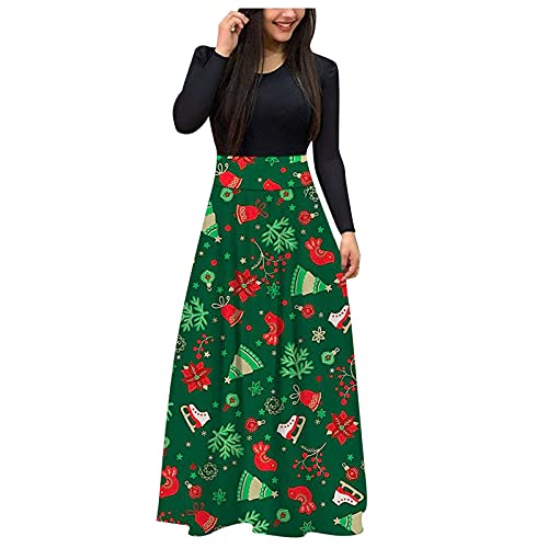 Weihnachtskleider FüR Frauen, Vintage Elegantes Rundkragen Langarm Mini Kleid Mit Weihnachtsmann Schneemann Druck Damen Mode Casual Party KostüM Bodycon Hohe Taille Boho Maxi Kleid von yruphome