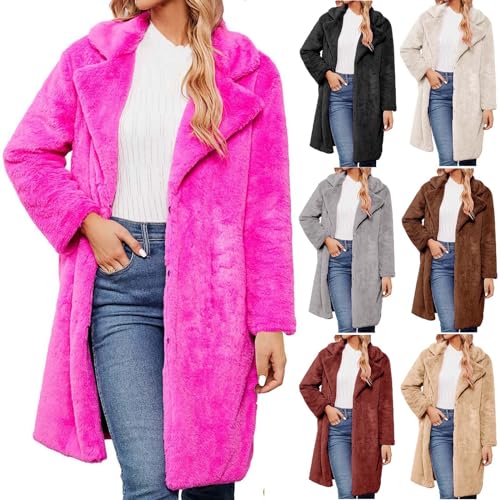 Winterjacke Damen Fleecejacke Kunstleder Wintermantel Warme Jacke Langarm Teddyfleece Jacke Pelzmantel Revers Übergangsjacke Oversize Lang Mantel Flauschige PlüSchjacke Einfarbiger Mantel Cardigan von yruphome