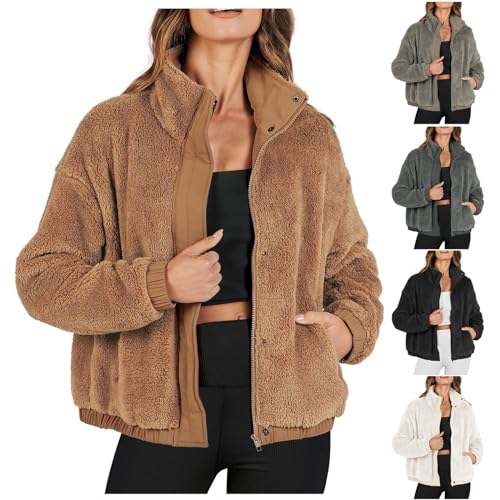 yruphome Damen Fleece Jacke Dick GefüTtert Teddy Fleece Jacke Warm Flauschig PlüSch Jacke Winterjacke Elegante ÜBergangsjacke Outdoor Jacke Mode LäSsig Stehkragen Kurzer Mantel Outwears Mit Taschen von yruphome