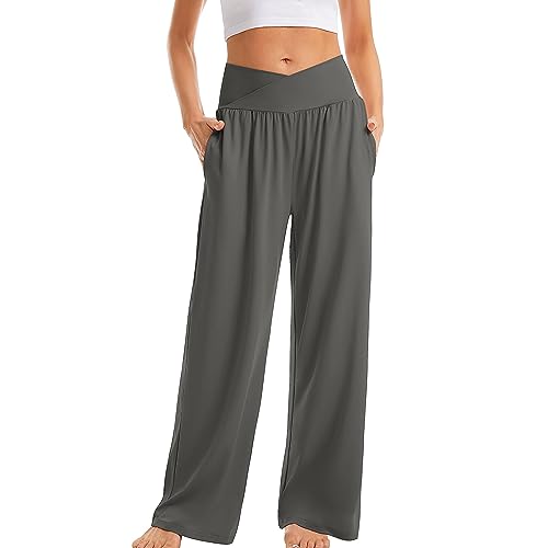 yruphome Damen Yoga-Hosen Hohe Elastische Taille Jogginghose Yogahose Loungehose Lose Stylische Casual Lange Hosen Salon-Hose Weite Beine Hose Traniningshose Outdoor Sporthosen Mit Taschen FüR Frauen von yruphome