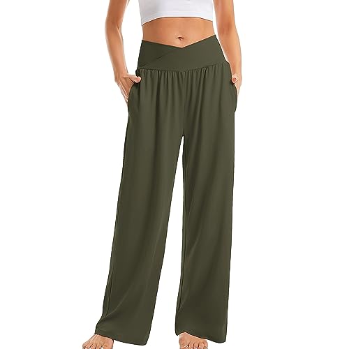 yruphome Damen Yoga-Hosen Hohe Elastische Taille Jogginghose Yogahose Loungehose Lose Stylische Casual Lange Hosen Salon-Hose Weite Beine Hose Traniningshose Outdoor Sporthosen Mit Taschen FüR Frauen von yruphome