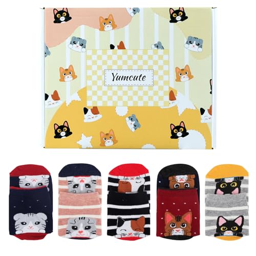 yumcute Lustige Socken Witzige Bunte Komfortbund Baumwolle Socks Karikatur Katze Kuschelsocken für Paar Damen Herren Kinder Geschenk Lebensfreude 5 Paare von yumcute