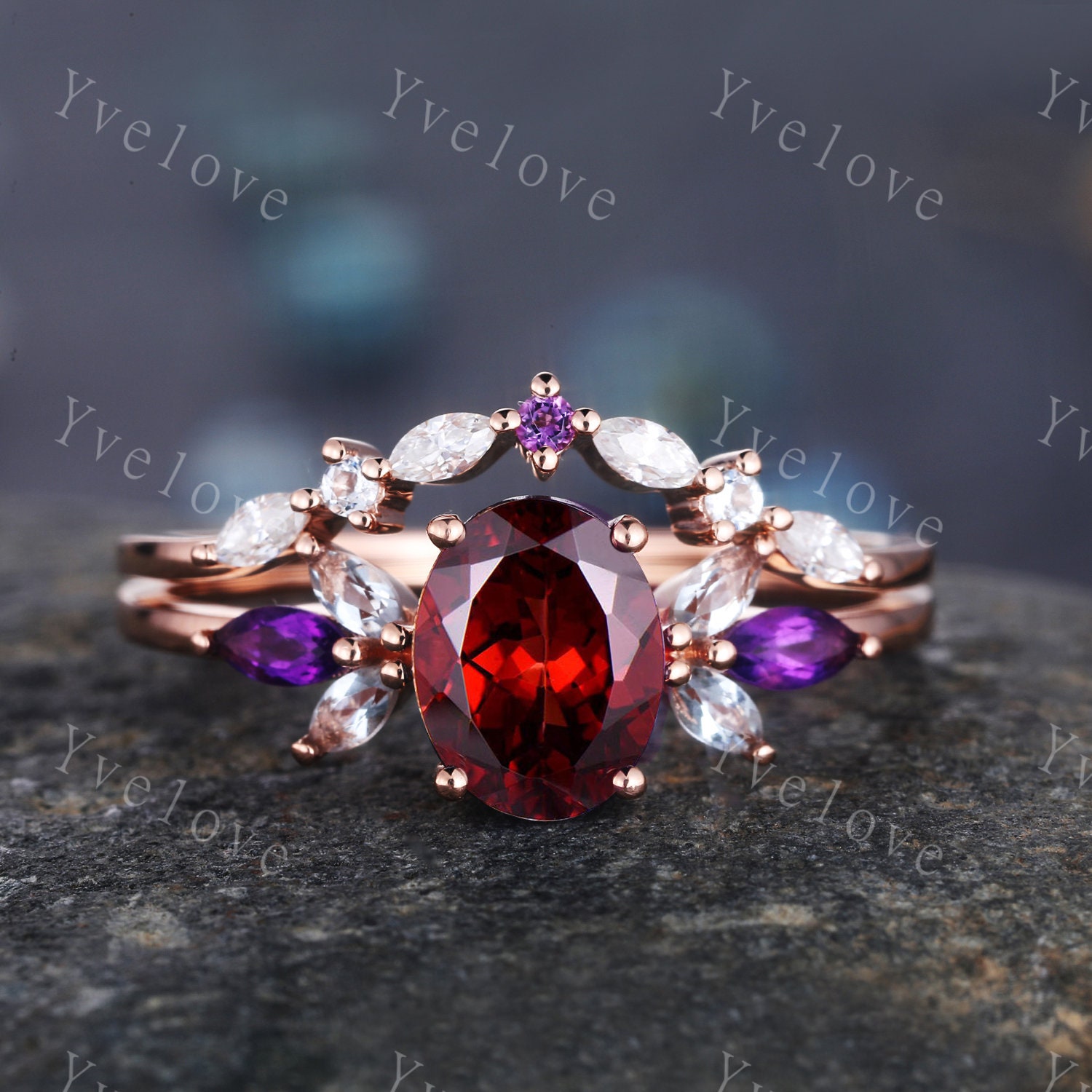 Granat Verlobungsring Set Rosevergoldet Art Deco Ring Cz/Moissanit Stapelig Passende Band Frauen Versprechen Braut Weihnachten Geschenk von yvelove