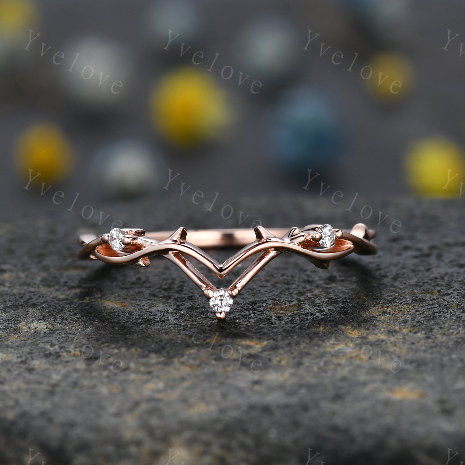 Minimalist Zweig Verlobungsring, Passende Band, Frauen Rebe Diamant Art-Deco-V Gebogen Ehering, 14K Rose Gold Geschenk von yvelove