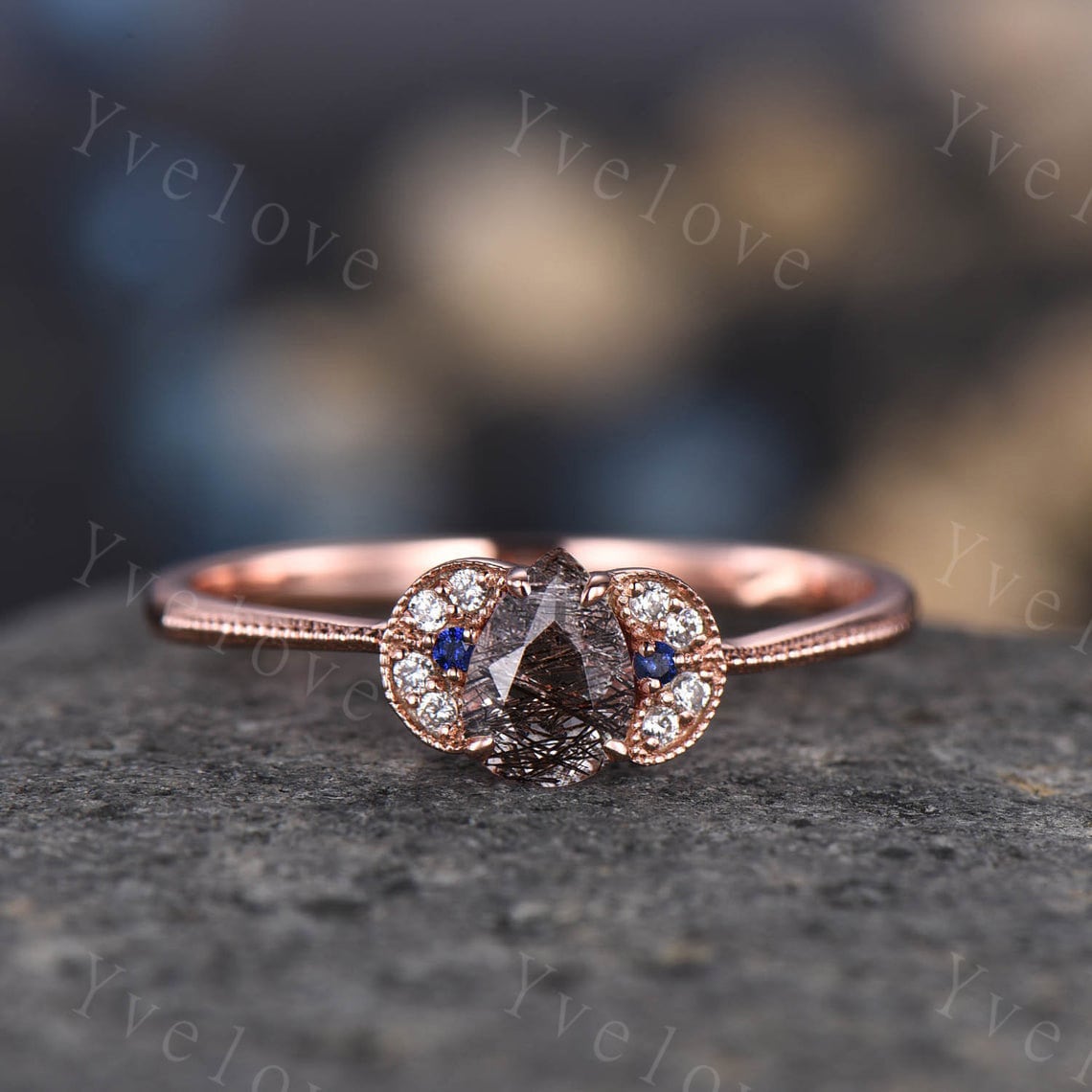 Schwarz Rutilated Quarz Verlobungsring Rose Gold, Schwarz Diamant Solitär Ring, Birne Geformt Eingringe Für Frauen von yvelove