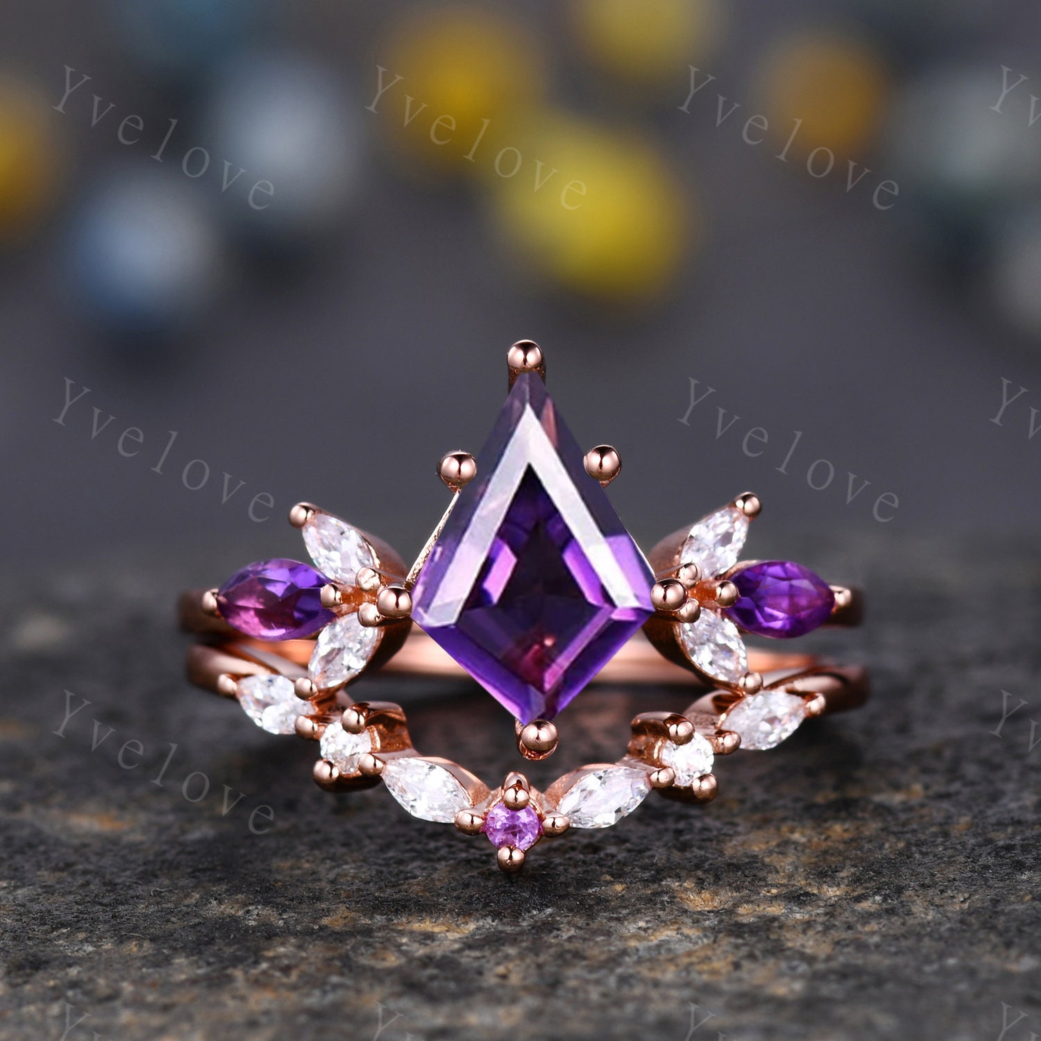 Vintage Drachenförmige Amethyst Verlobungsring Rose Gold Frauen Einzigartige Moissanite Edelstein Passende Band Versprechen Braut Stapelring Set von yvelove