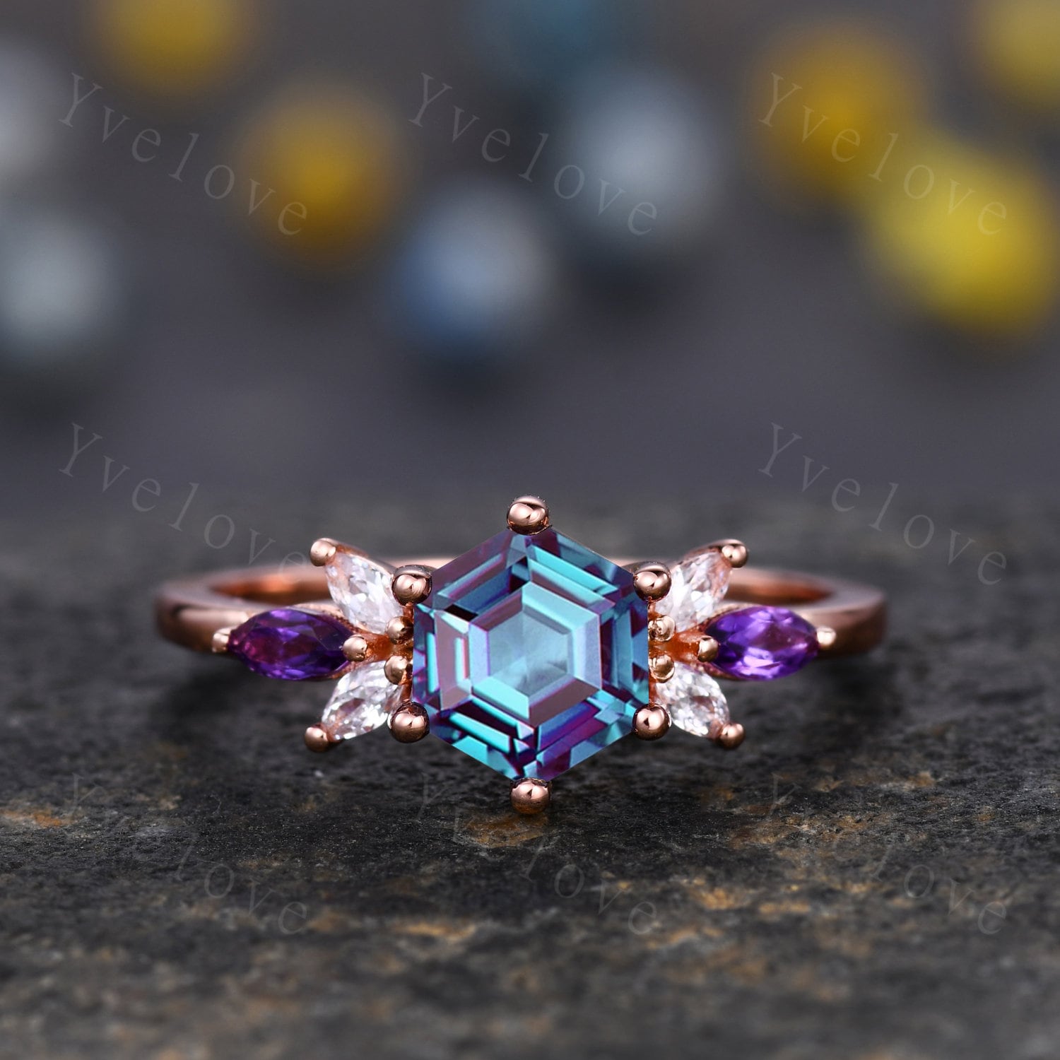 Vintage Hexagon Alexandrit Verlobungsring Set Rosegold Damen Moissanit Amethyst Edelstein Geschenk von yvelove