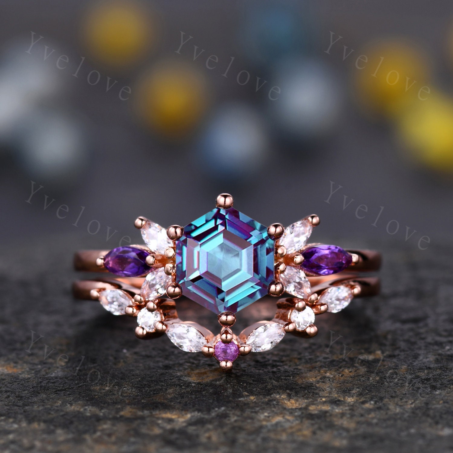 Vintage Hexagon Cut Alexandrit Verlobungsring Rosegold Damen Moissanit Amethyst Edelstein Passende Band Versprechen Braut Stapelring Set Geschenk von yvelove