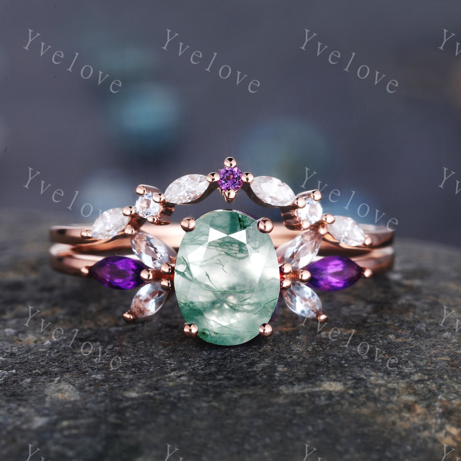 Vintage Moos Achat Verlobungsring Set Pear Shaped Damen Rosegold Marquise Amethyst Unikat Geschwungen Ehering Brautring von yvelove