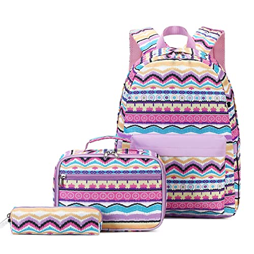 zeizafa Niedlicher gestreifter Schulrucksack für Mädchen, Jungen, Teenager, Laptop, Tagesrucksack, Mittagessen, Tragetasche, Federmäppchen, Schultasche, mehrere Taschen, violett, Size reference von zeizafa