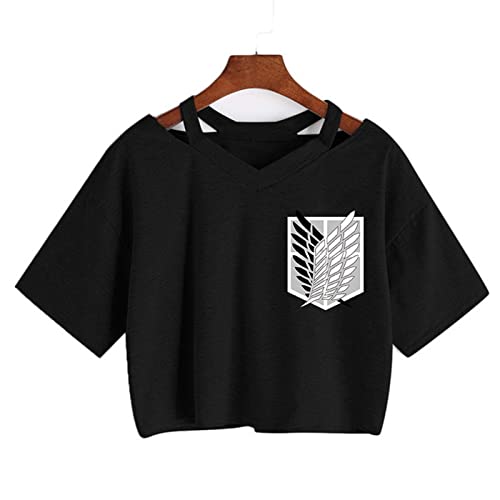 Attack on Titan T-Shirt Manga Japanischer Anime Shingeki No Kyojin T-Shirt Gothic Harajuku T-Shirt Punk V-Ausschnitt Sexy Crop Tops T-Shirt (M,Color 1) von zhedu