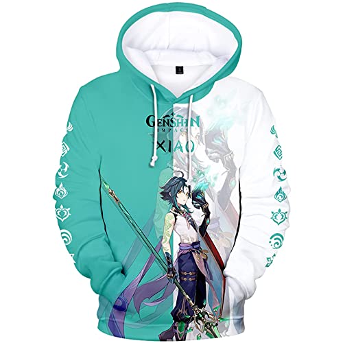 zhedu Game Genshin Impact Character Hoodie Venti/Hutao/Zhongli/Xiao/Ganyu/Kazuha/Pullover Mit Neutralem Kontrastdruck Fashion Streetwear Top (2xs-4xl) (XS,Xiao) von zhedu