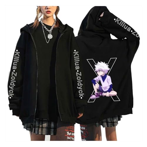 zhedu Hunter X Hunter Zip Up Cardigan HxH Manga Hooded Killua Zoldyck Bedruckte Kleidung Langarm Y2k Anime Unisex Streetwear (Color 01,L) von zhedu