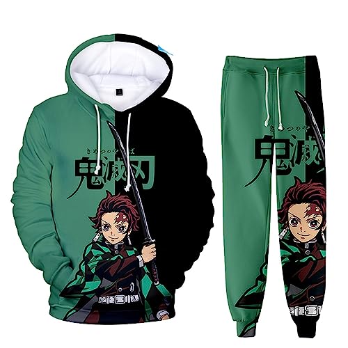 zhedu Unisex Anime Demon Slayer Hoodie Set 2 Stück Sweatshirt + Hose Herren Damen Cosplay Anzug (3XL,Kamado Tanjirou) von zhedu