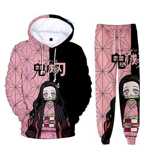 zhedu Unisex Anime Demon Slayer Hoodie Set 2 Stück Sweatshirt + Hose Herren Damen Cosplay Anzug (4XL,Kamado Nezuko) von zhedu