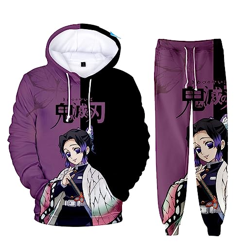 zhedu Unisex Anime Demon Slayer Hoodie Set 2 Stück Sweatshirt + Hose Herren Damen Cosplay Anzug (4XL,Kochou Shinobu) von zhedu