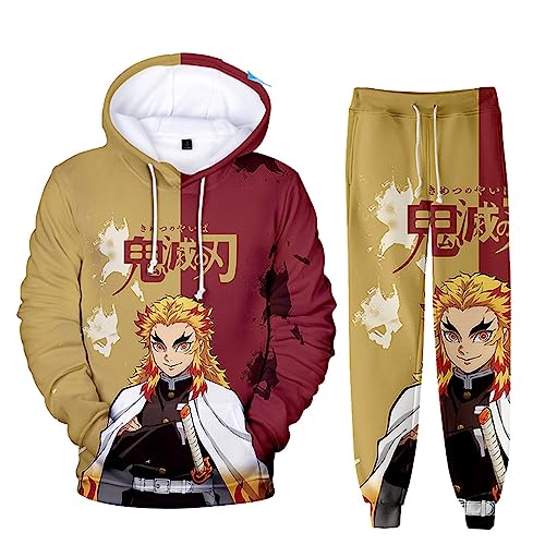 zhedu Unisex Anime Demon Slayer Hoodie Set 2 Stück Sweatshirt + Hose Herren Damen Cosplay Anzug (S,Rengoku Kyoujuro) von zhedu