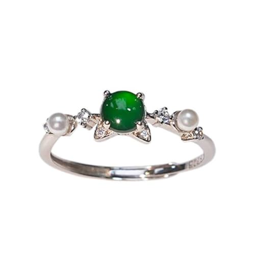 zhuBAOHE Smaragd-Jade-Ring aus Sterlingsilber im Eierschliff, 18 Karat platiniert, Perlenversprechen-Jubiläumsring für Frauen, Ring in der Größe verstellbar von zhuBAOHE