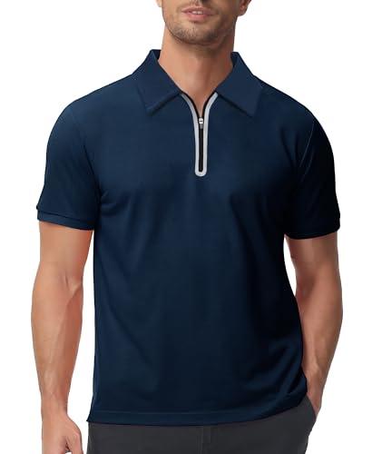 zitysport Poloshirt Herren mit Zipper Kurzarm Basic Polo Hemd Schnelltrocknend Golf T-Shirts Sport Atmungsaktiv Outdoor mit Reißverschluss Shirt Männer Casual Poloshirt(Marineblau-2XL) von zitysport