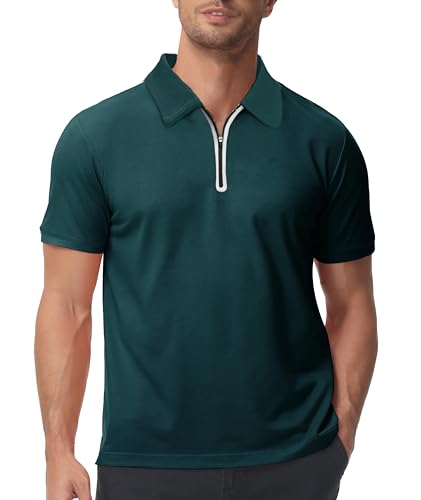 zitysport Poloshirt Herren mit Zipper Kurzarm Basic Polo Hemd Schnelltrocknend Golf T-Shirts Sport Atmungsaktiv Outdoor mit Reißverschluss Shirt Männer Casual Poloshirt(Dunkelblau Grün-2XL) von zitysport